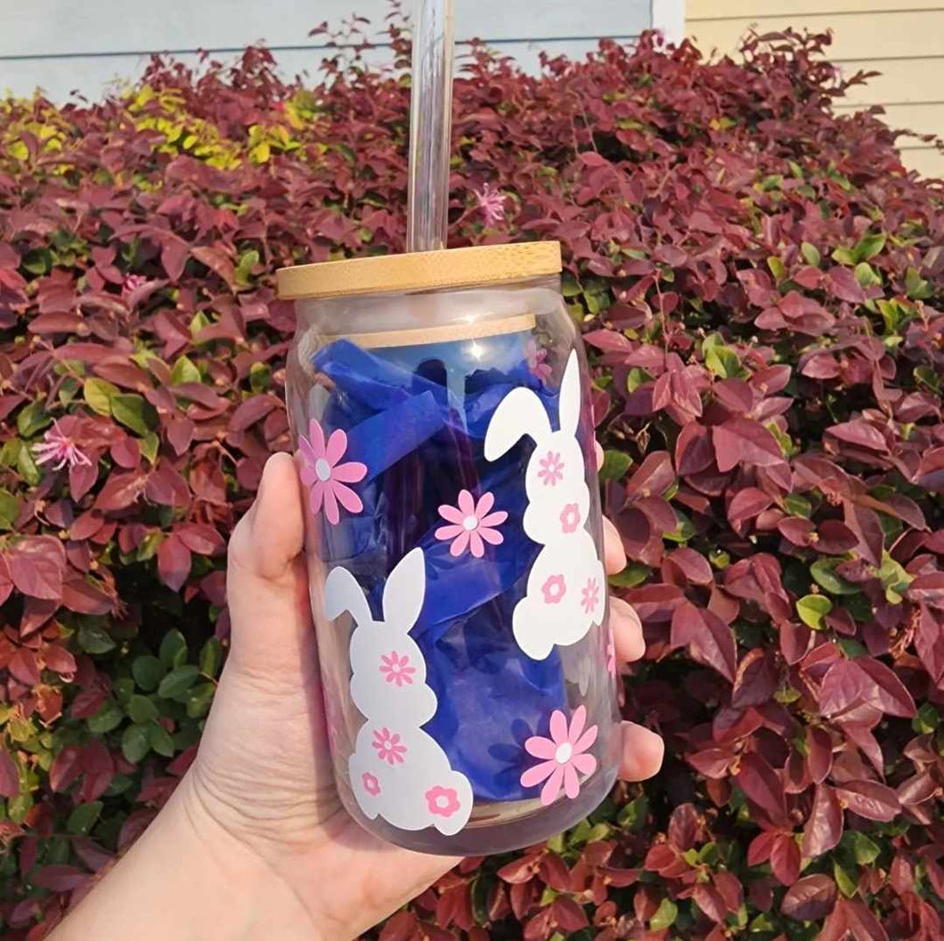 Floral Bunnies 16oz Glass Can