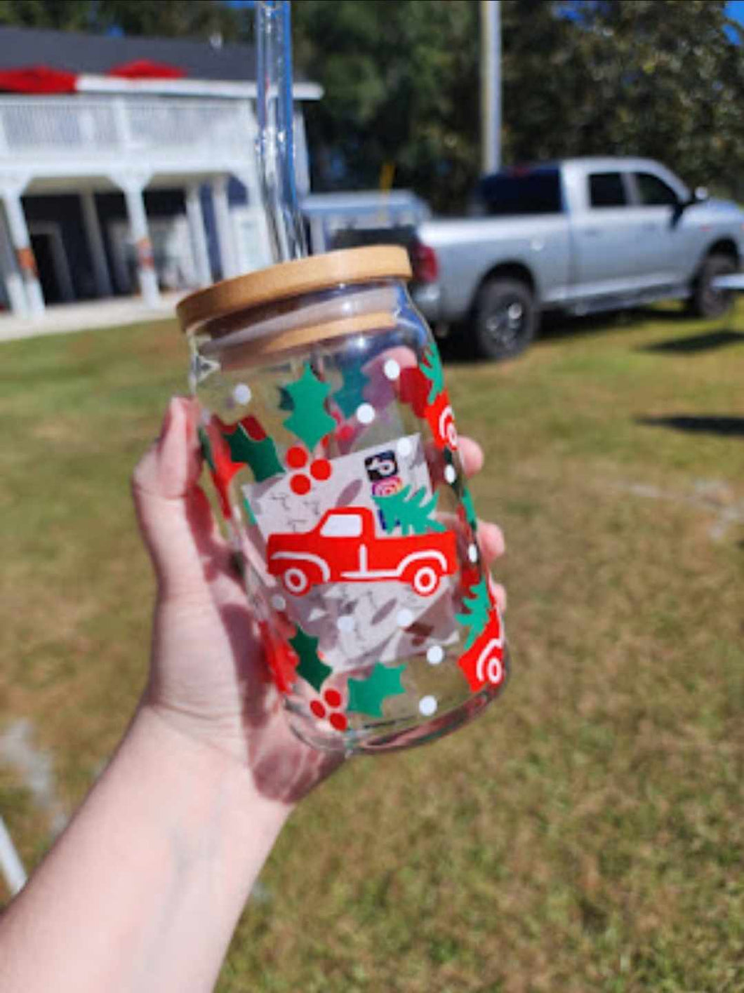 Red Christmas Truck 16oz Glass Can