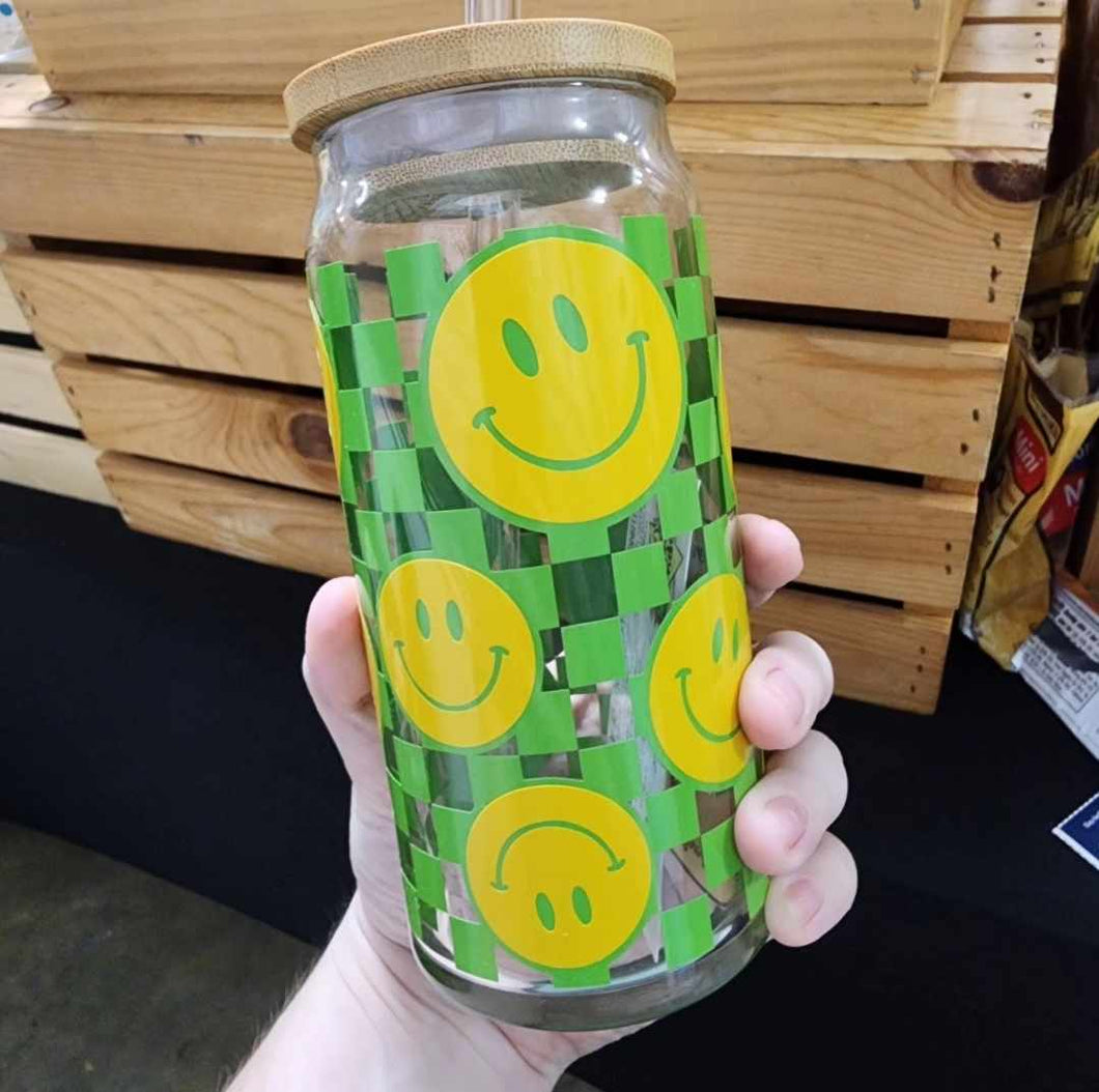 Green Checkered Smiley 20oz Glass Can