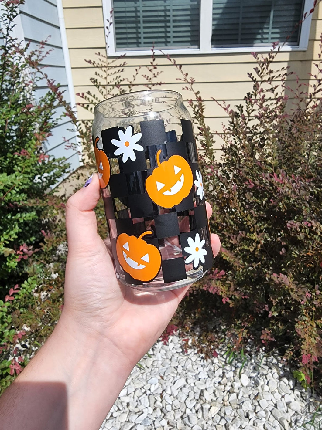 Checkered Pumpkin Glass Can Cup