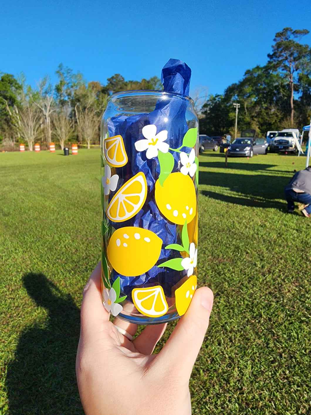 Floral Lemons Glass Can Cup